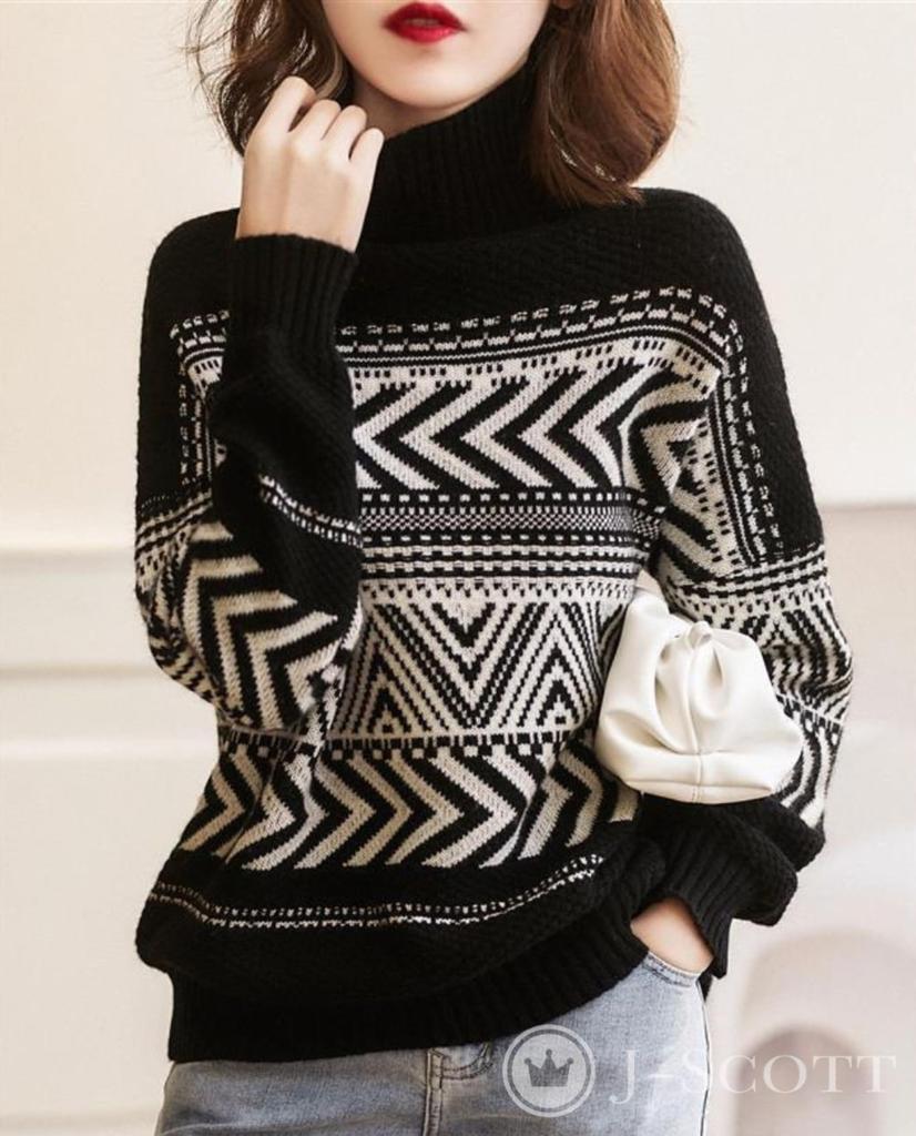 J-Scott Women's Fair Isle Knit Sweater with Drop Shoulders, Long Sleeves, and a Loose Fit, Geometric Pattern, Black, Size JS35-BK-XL