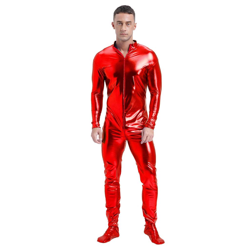 Mens Metallic Zentai Jumpsuit Full Body Tight Mock Neck Long Sleeve Club Performance Costume