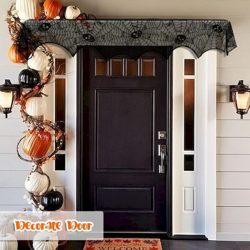 1 шт. Хэллоуин Паутина Каминная ткань Черная голова черепа Кухонное полотенце для плиты Вечеринка Скатерть для обеденного стола Уличная штора для двора Украшение