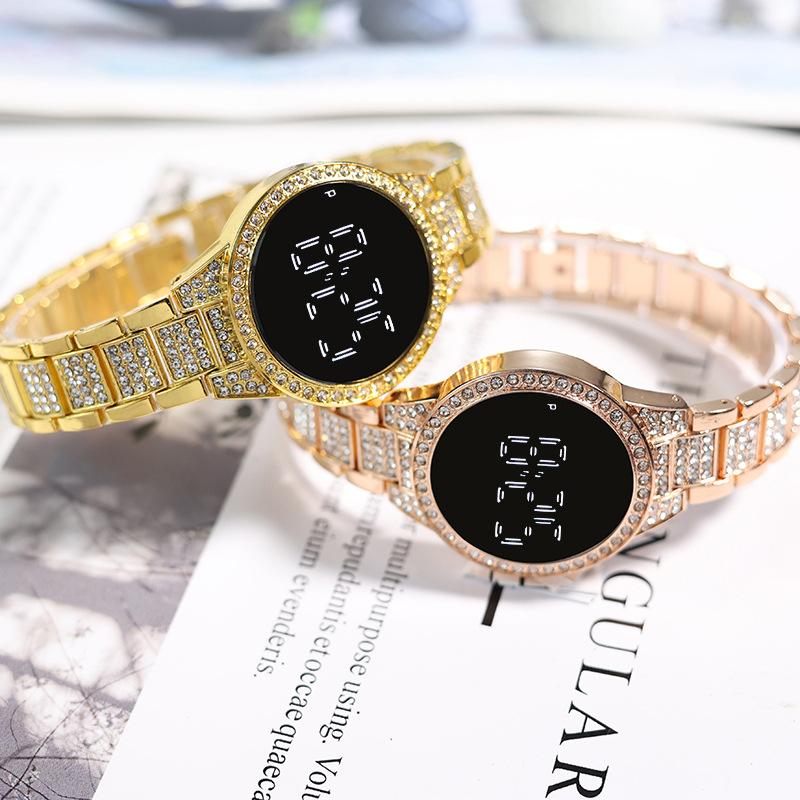 Сенсорный экран, светодиодные цифровые женские часы со стразами, женские наручные часы из нержавеющей стали, кварцевые часы