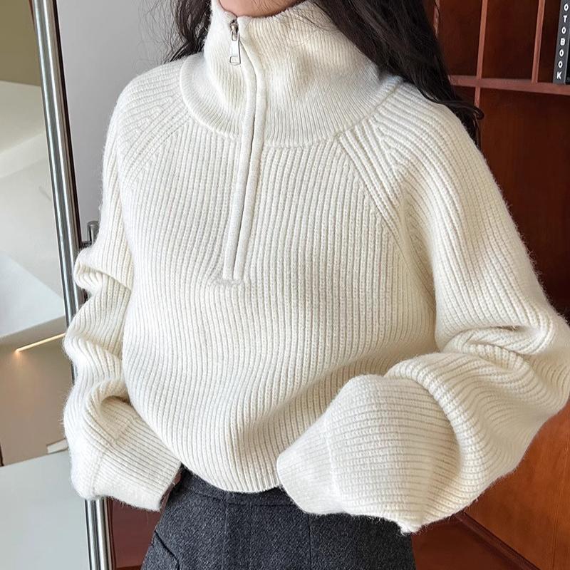 Женский вязаный свитер с полувысоким воротником и застежкой-молнией, осенний, с рукавами-фонариками, винтажные свободные свитера, зимние толстые повседневные однотонные теплые джемперы 25404