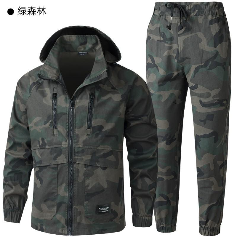 Mens Outdoor Hiking Suit With Raglan Sleeves Detachable Hood Large Pockets Zippered Leg Camo Workwear