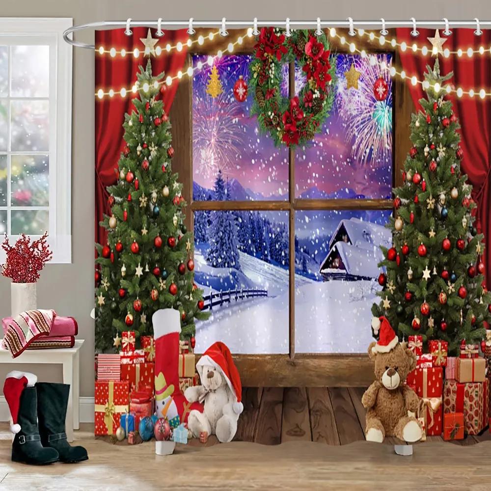 Рождественская вечеринка Занавески для душа Камин Рождественская елка и подарки Снеговик Снежная сцена Моющаяся занавеска для душа Арт Декор для ванной