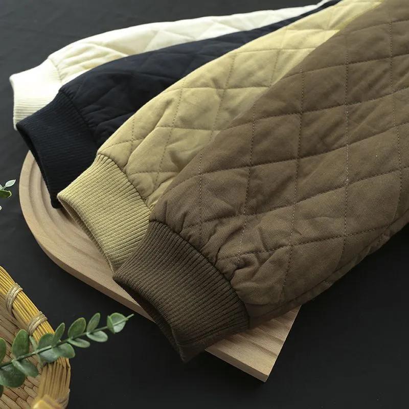 Autumn and Winter Women's Section Loose Solid Color Comfortable Jacket Round Neck Short Section Diamond Lattice Clip Cotton Jacket