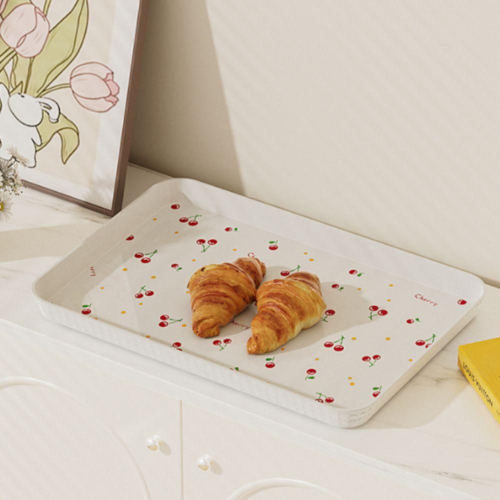 Cherry Pattern Rectangular Storage Tray Stackable Lightweight Plastic Dessert Tray Durable Anti-Slip Serving Tray