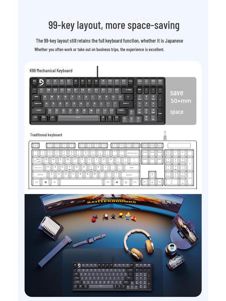 Проводная механическая игровая клавиатура Fuller K99: 99-клавишная универсальная клавиатура для настольного компьютера, ноутбука, офиса, киберспорта, интернет-кафе.