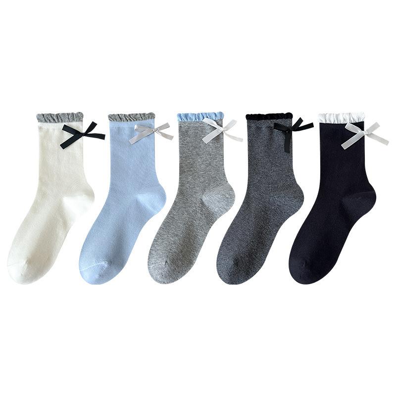 Хлопковые носки для женских косточек на осень и зиму, махровые носки с бантом и контрастными цветами до середины икры