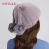 SOMALER Женские шапки из натурального норкового меха, вязаные меховые шапки-бини с тесьмой, зимние шапки из лисьего меха с помпоном и черепом