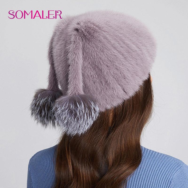 SOMALER Женские шапки из натурального норкового меха, вязаные меховые шапки-бини с тесьмой, зимние шапки из лисьего меха с помпоном и черепом
