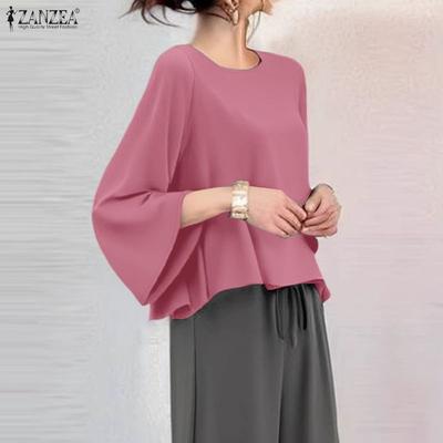 Женская блузка с круглым вырезом, однотонная, с рукавами 3/4, свободного кроя