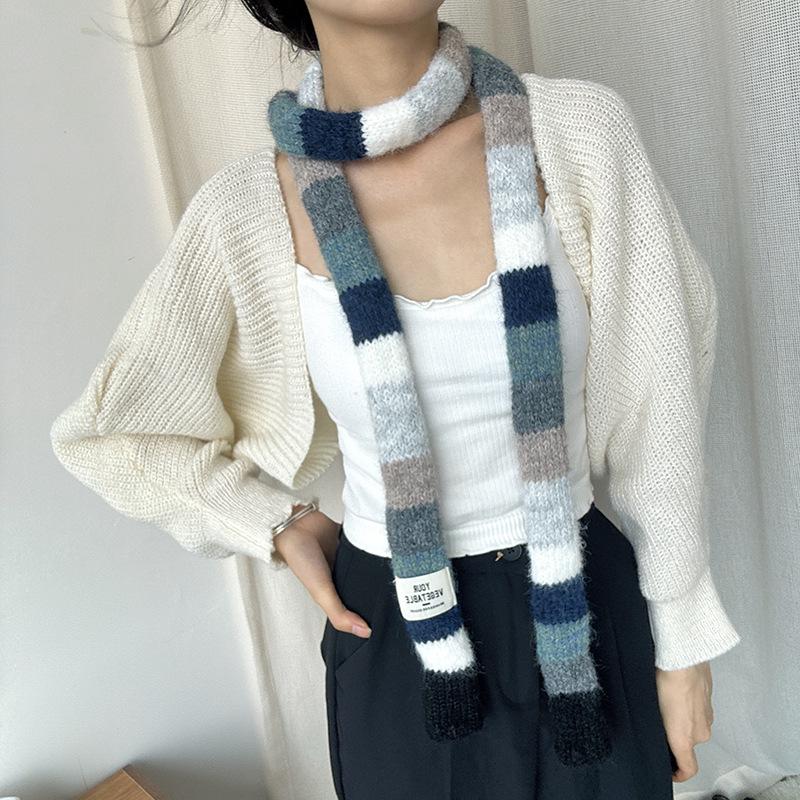 Шарф Luochi Knitwear Осень/Зима, Мохеровый, Цветные Блоки, Полоска - Унисекс, Стиль Y2K 'Сладкая и Пряная Девушка'