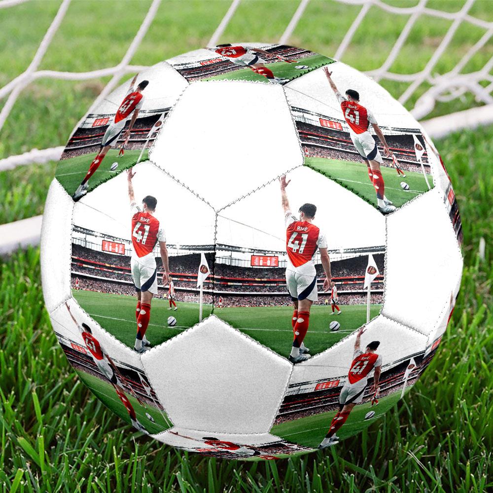 Declan Rice Size 5 Soccer Ball, Machine-Stitched PVC, Durable & High Bounce, All Ages Fit, fan merchandise, matches & outdoor use.