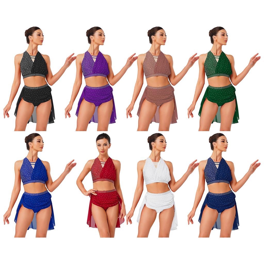 Женский наряд для лирического танца Без рукавов Тонкие бретельки Сборки Укороченный топ Встроенные трусики Юбка Блестящий костюм для танцев со стразами