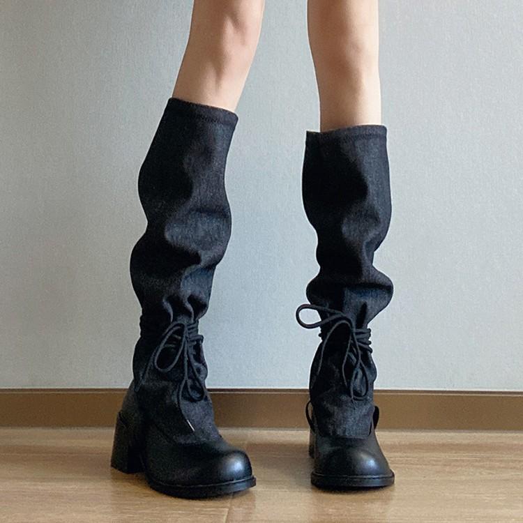 2025 New Black Western Cowboy Boots Women's Round Head Pleated Stacking Boots Wide Tube Thin Strap Thick Heel Boots