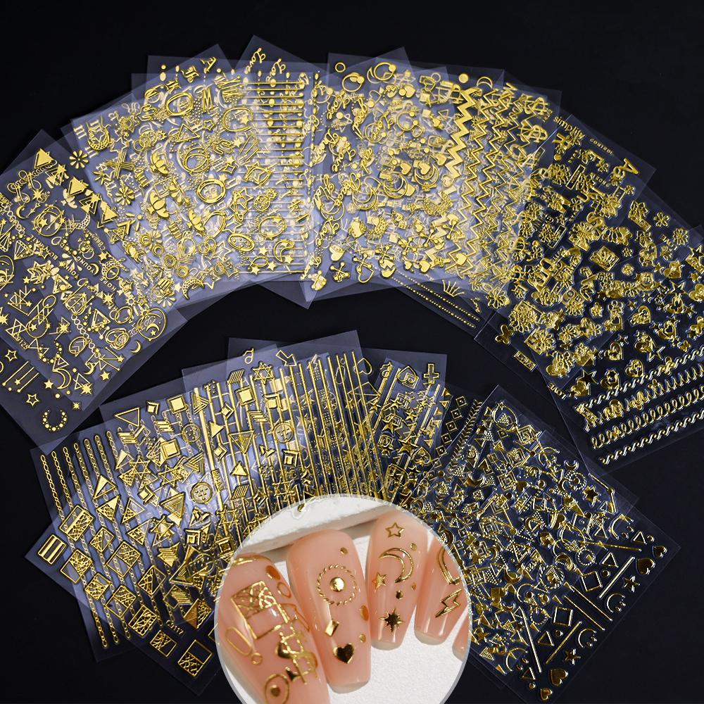 20/30 Sheets Gold Geometric Line Star Leaf Diamond Nail Stickers 3D Self-Adhesive Elegant Golden Lines Nail Decals Manicure Desi