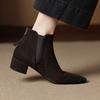 Cow Suede Nubuck Round Toe Thick Heels Chelsea Boots Size 43 Back Zipper Women Ankle Boots