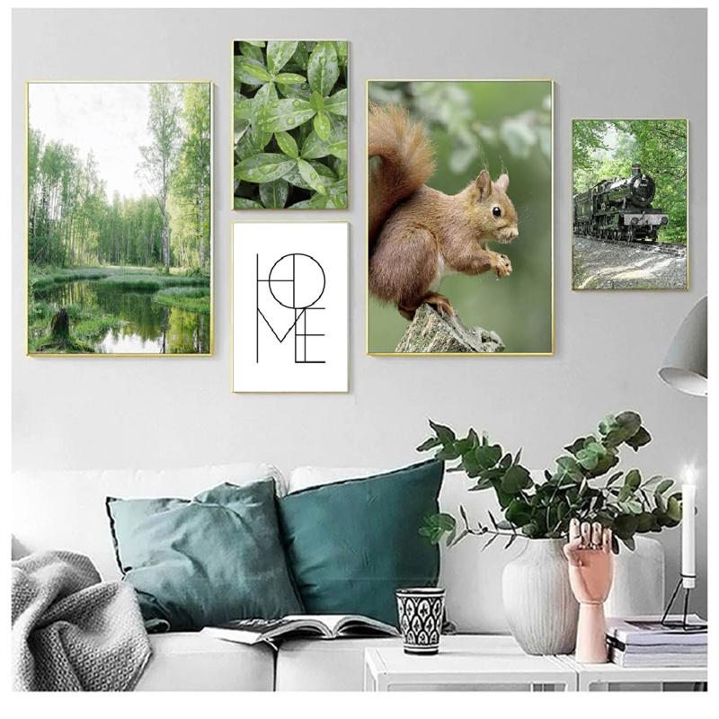 Скандинавский весенний пейзаж, холст, картина, постер, дикий цветок, животное, лиса, лось, белка, природа, одуванчик, современная картина, домашний декор