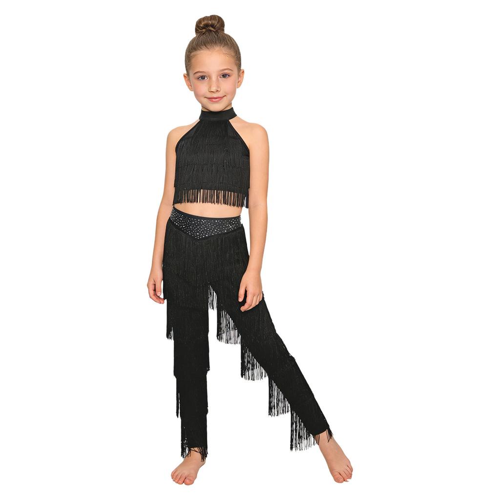 Children‘s Latin Dance Outfit Sleeveless Back Straps Crop Top Layered Tassels and Matching Elastic Waist Fringe Pants for Salsa Competition