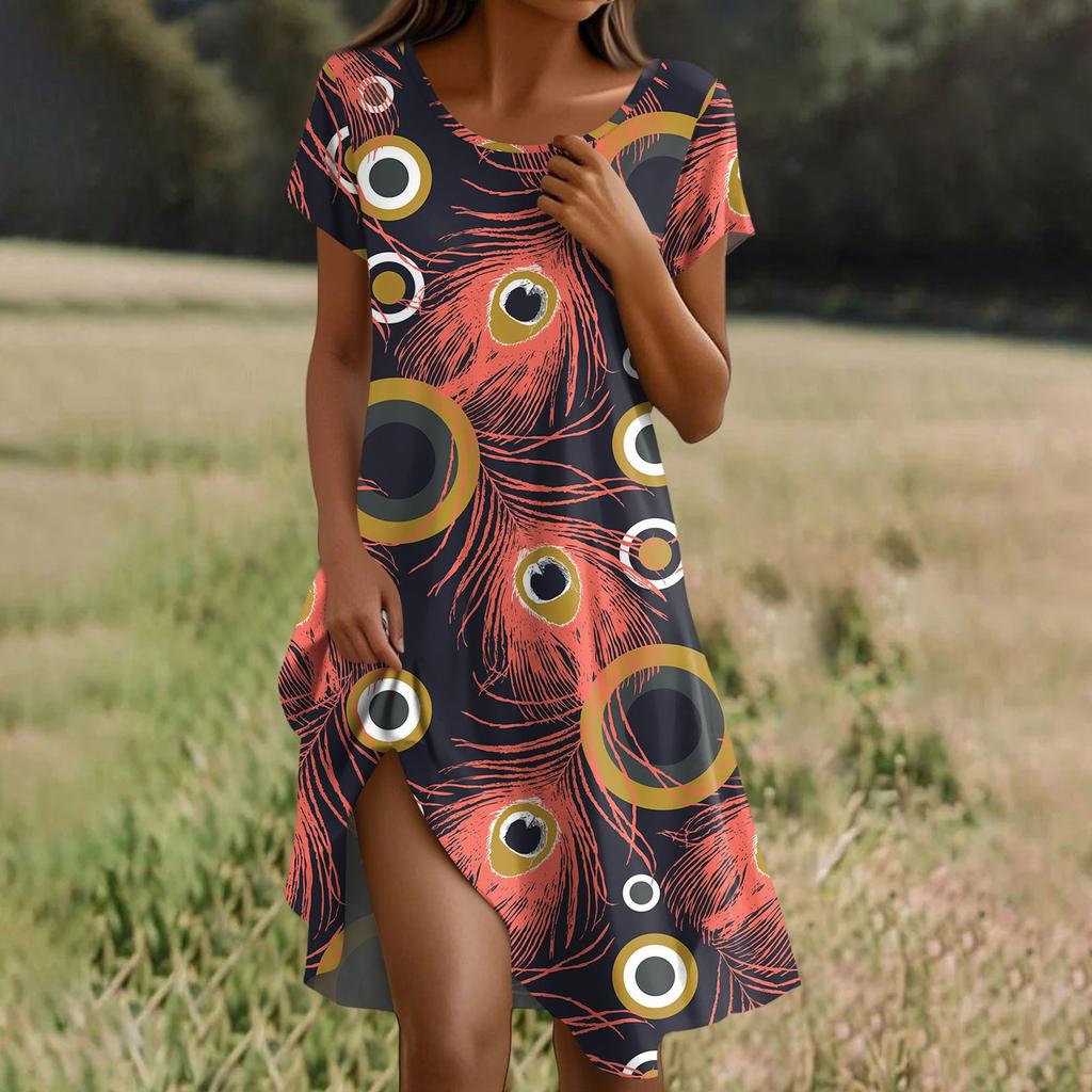 Short Sleeve Boho Dress For Women Casual Loose Fit Summer Sundress Feathers Print Dress With Pockets