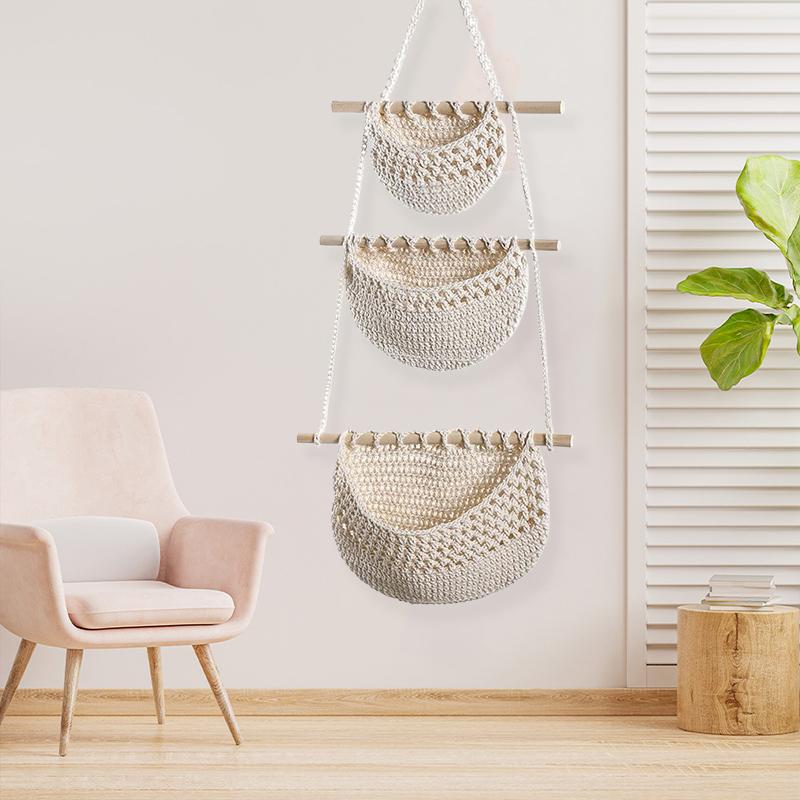 1PC Over The Door Organiser 3 Tier Hanging Organiser Wall Rope Wall Basket Wall Mounted Cotton Rope Home Decor Two Colours
