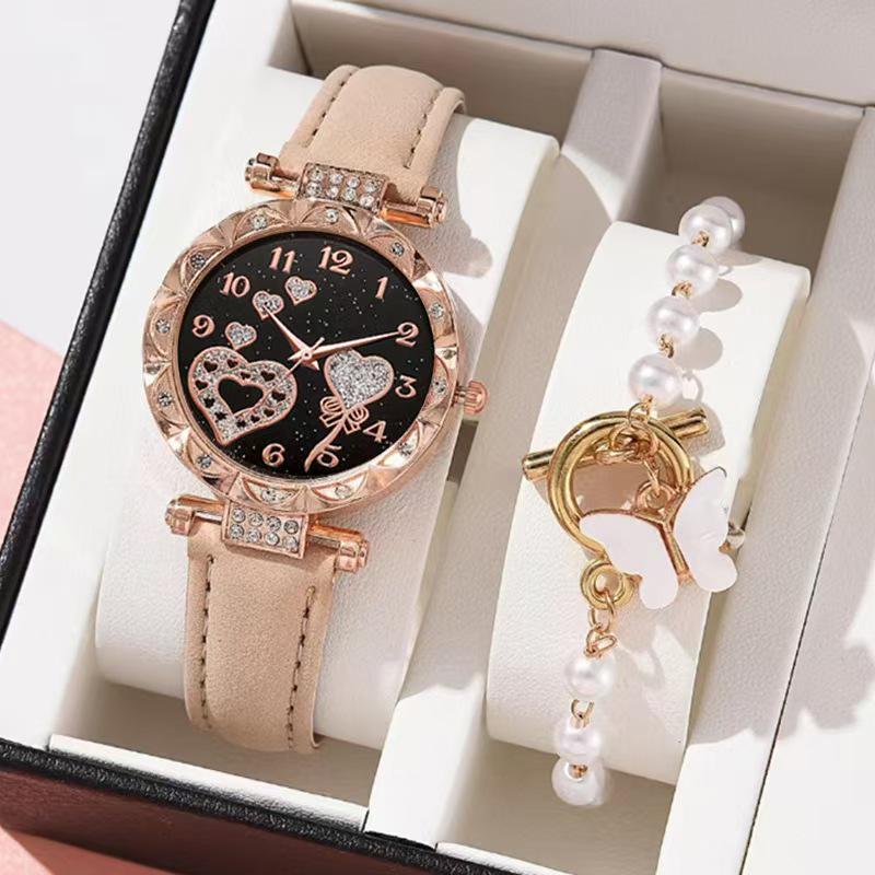 Элегантный хрустальный браслет с сердцем и бабочкой и кварцевые часы на кожаном ремешке с набором розовых драгоценных камней