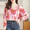MODIQUE Весна Лето Большие размеры Женская повседневная свободная элегантная хлопковая льняная шифоновая блузка с цветочным принтом с пышными рукавами Рубашки Женские пальто оверсайз с круглым вырезом