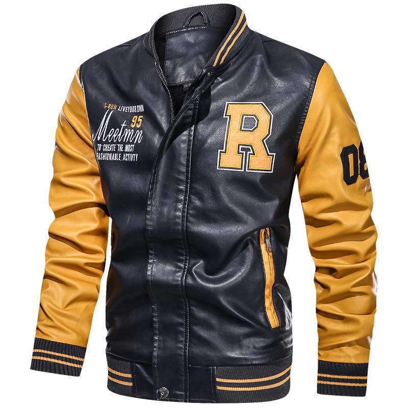 Men's High-quality Baseball Jacket, Patchwork Color Embroidered Printed PU Leather Jacket, Motorcycle Jacket, Autumn Jacket