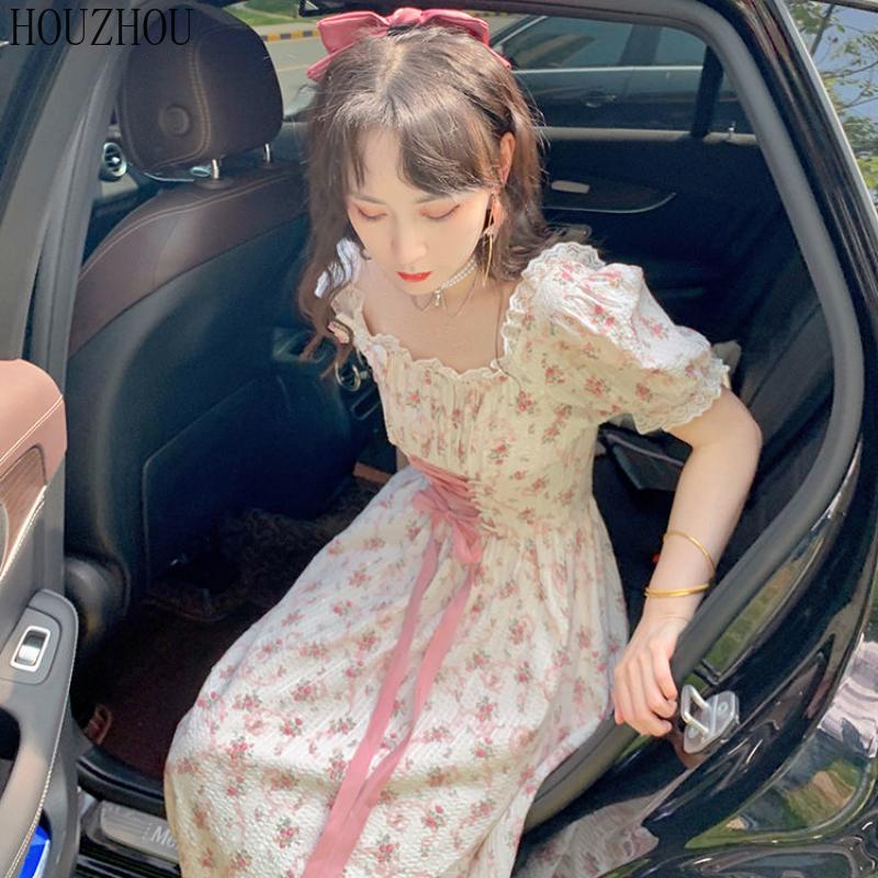 HOUZHOU Платье миди с цветочным принтом для девочек с квадратным воротником и короткими рукавами, корейское милое кавайное элегантное шикарное платье феи
