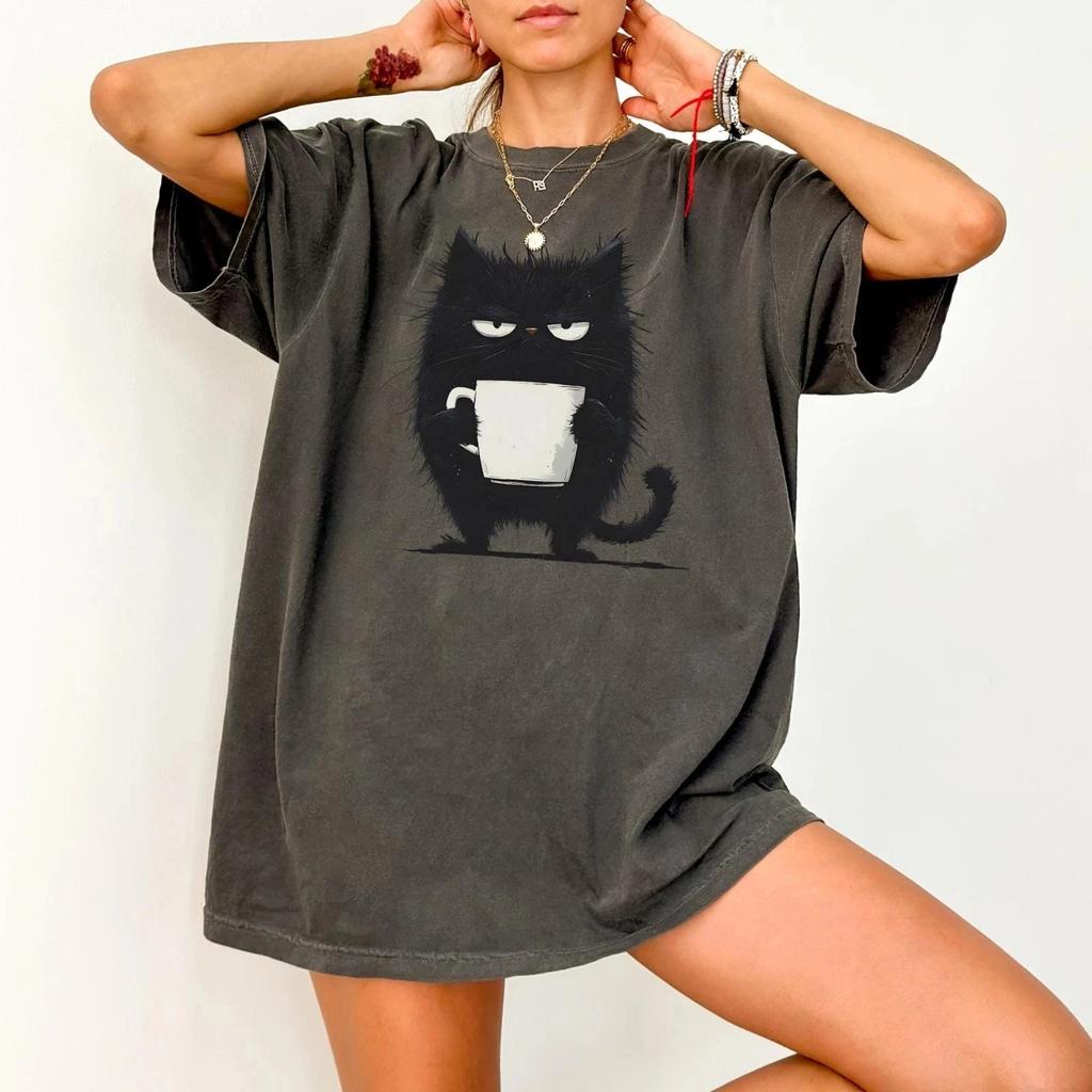 Funny Black Cat Coffee Shirt, Kawaii tired cat T shirt, Grumpy Cat Holding Mug