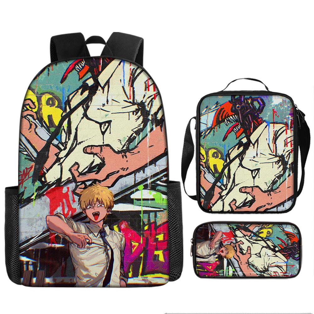 Chainsaw Man Anime Peripheral Backpack Set, Lightweight Large‑Capacity School Bag With Pencil Pouch, Casual Anime Daypack For Middle School Boys Girls