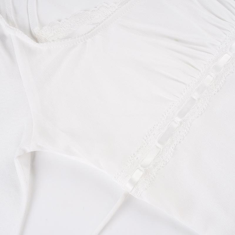 Стильный женский белый комплект из двух предметов с сетчатыми вставками, пэчворком и отделкой воланами, с прозрачным топом с длинным рукавом