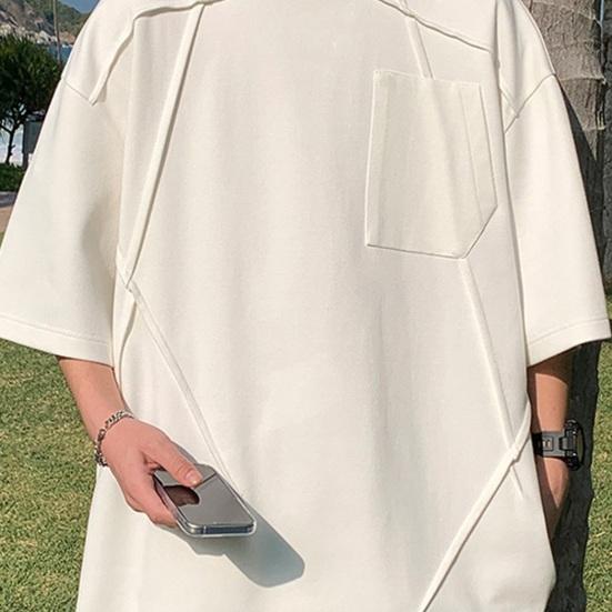 Summer Men Top O Neck Three Quarter Sleeves Chest Pocket Patchwork Loose Plus Size Mid Length Pullover Solid Color Hip Hop Streetwear Daily T-shirt