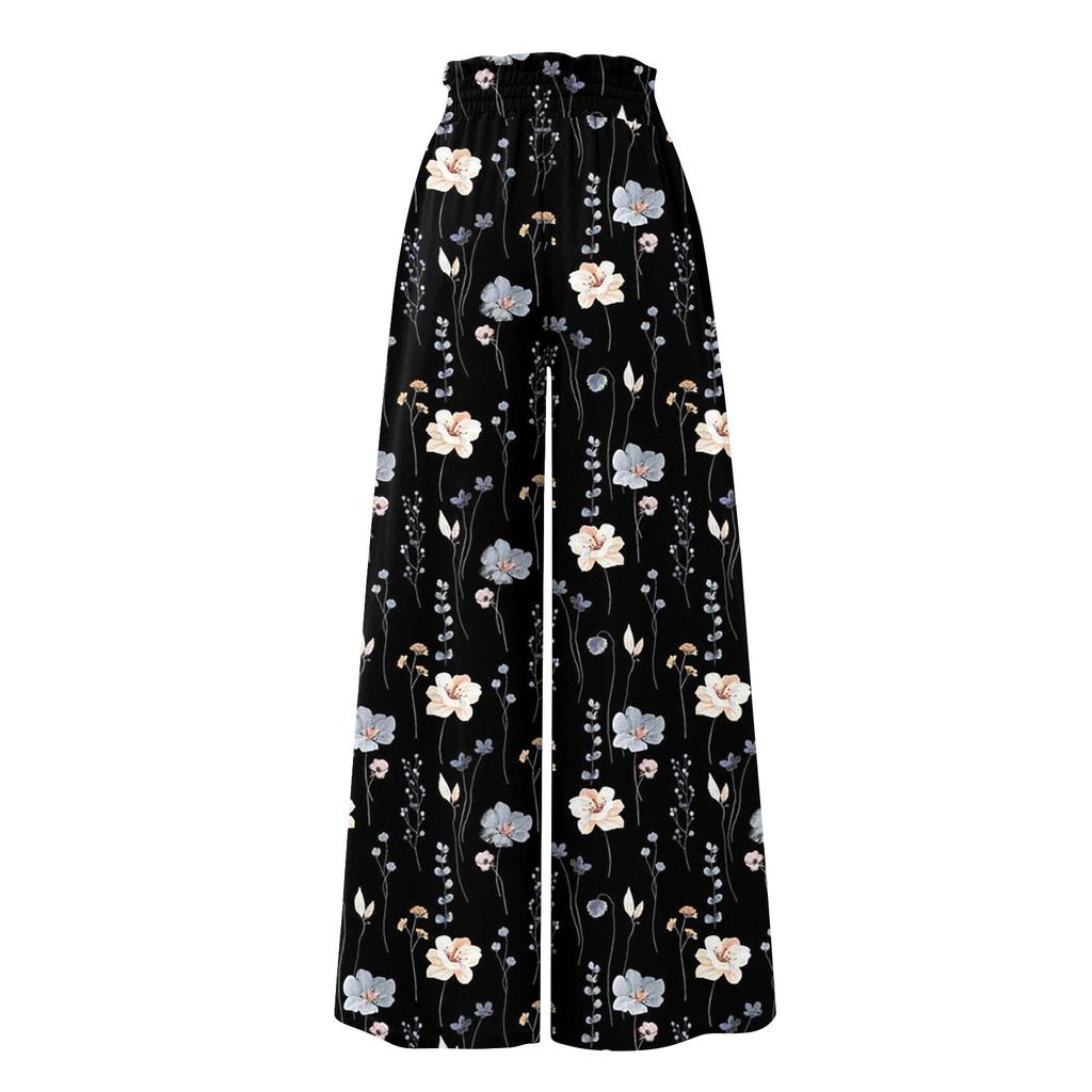 Женские широкие брюки с высокой талией, летние повседневные струящиеся брюки-палаццо, пляжные брюки с цветочным принтом и карманом