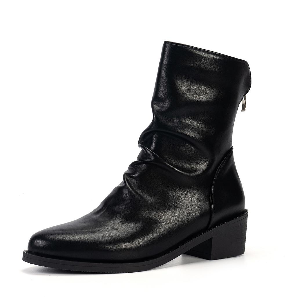Европейские и американские плиссированные ботильоны 2024 Осень Новинка Однотонные Задняя молния Короткое голенище Женские ботинки Большой размер Платформа