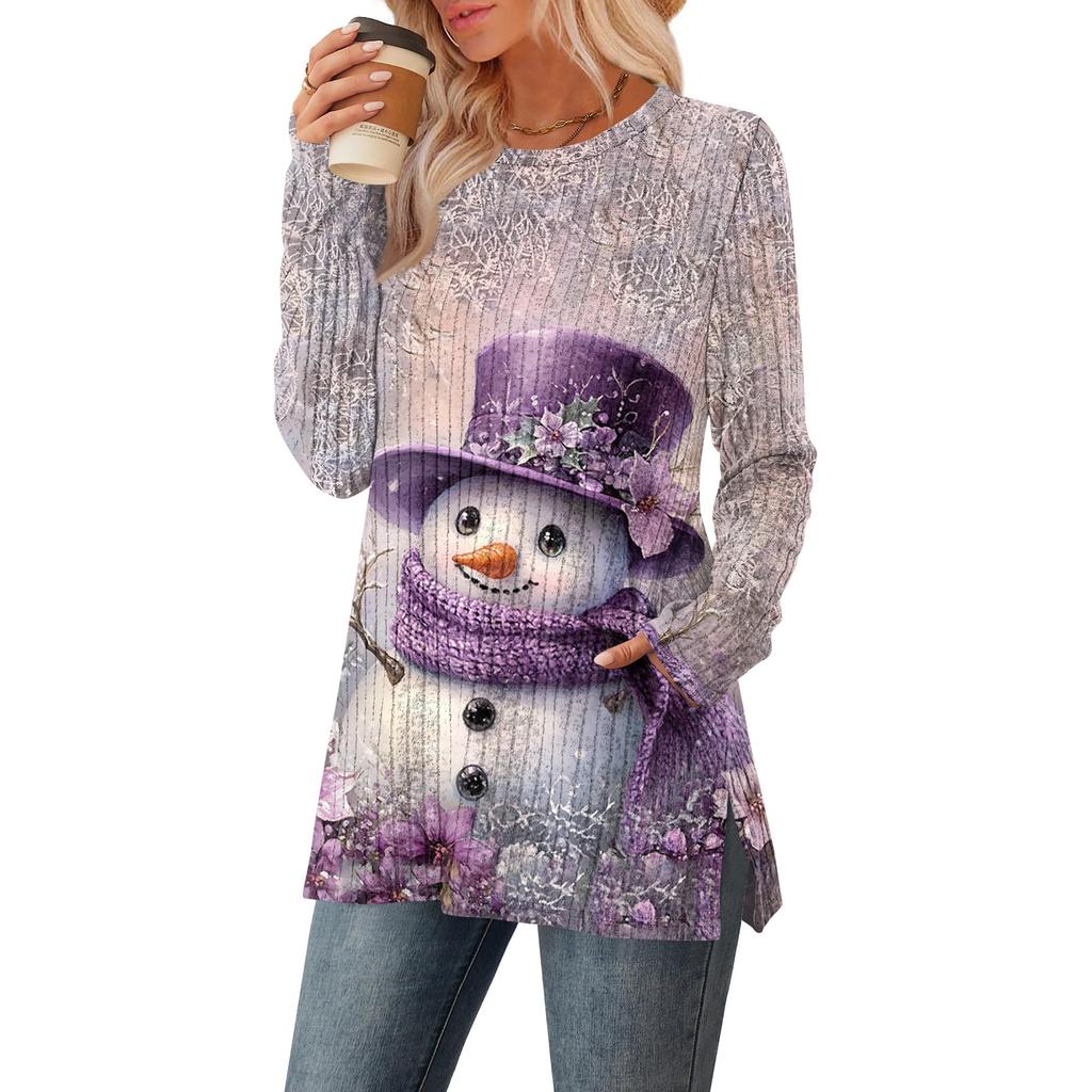 Women's Christmas Printed Round-neck Long-sleeved Top With Pockets And Side Slits