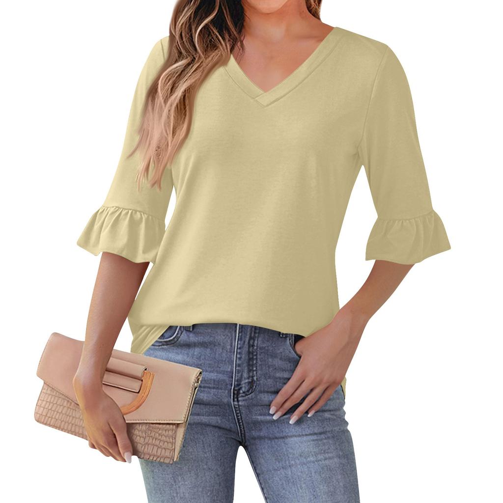 Women's Casual 3/4 Sleeve Top Summer V-neck Puffy Sleeve T-shirt Top