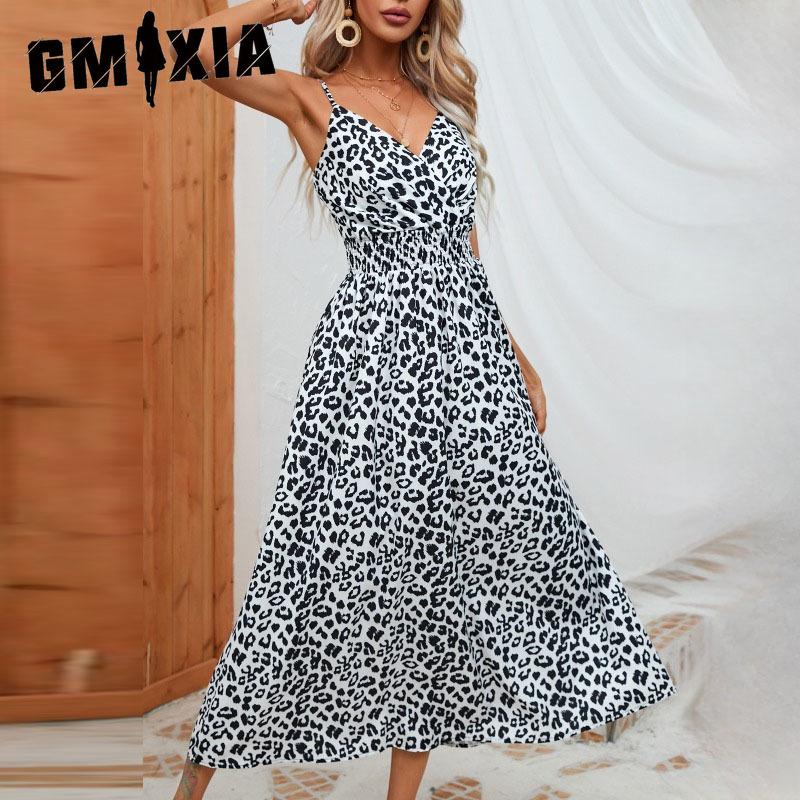GMXIA Women's Fashion Summer Spring Leopard Print Sleeveless V-Neck High Waist Casual Dresses