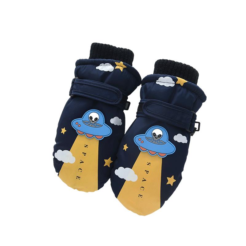 Winter plush cute space warm gloves for children, boys and girls, all inclusive waterproof connected finger gloves, outdoor cycling gloves