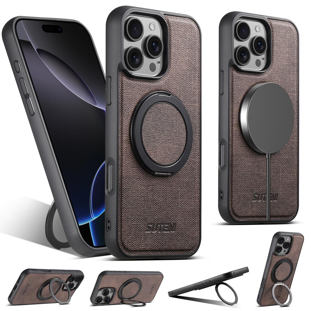 SUTENI G3 For iPhone 16 Pro Max Magnetic Case Rotating Ring Kickstand Jeans Texture PU TPU Phone Back Cover