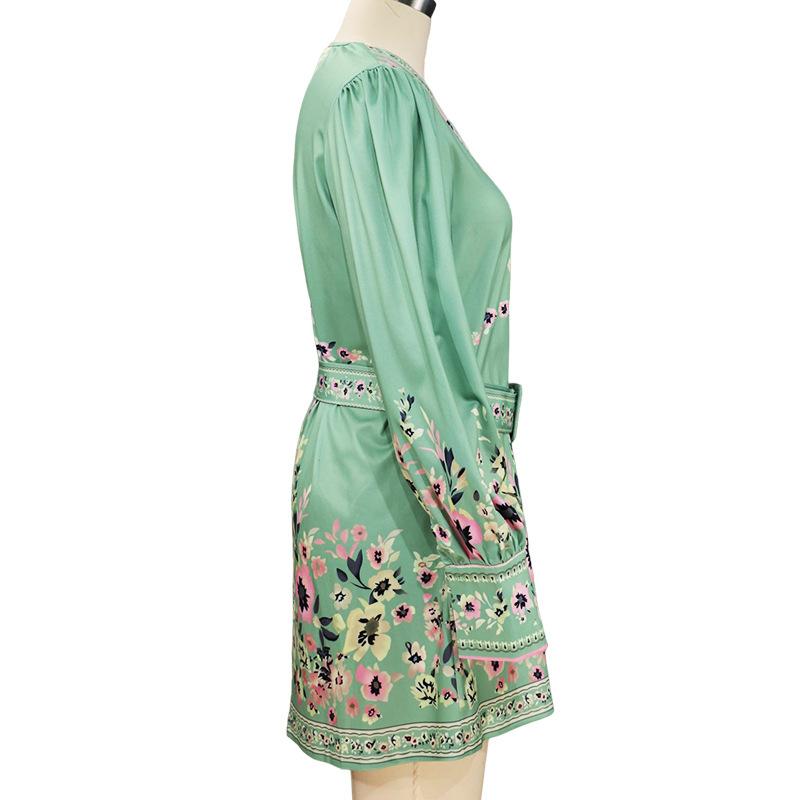 2025 Autumn New Style, Women's Wear, Long Sleeve, V-neck, Loose, Printed, Bohemian, Dress, Retro Flower Pattern