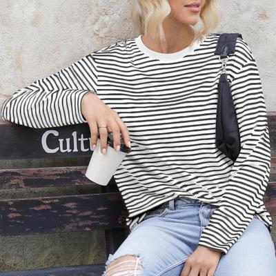 Женские полосатые топы с принтом, с длинным рукавом, с круглым вырезом, свободный крой, базовые футболки, повседневная одежда весна-осень