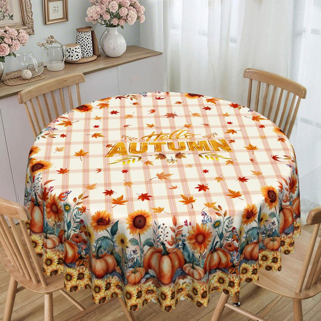 Hello Autumn Theme Tablecloth, Plaid + Autumn Printing Waterproof And Oil-Proof Leave-In Dining Table Coffee Table Decorative Cloth