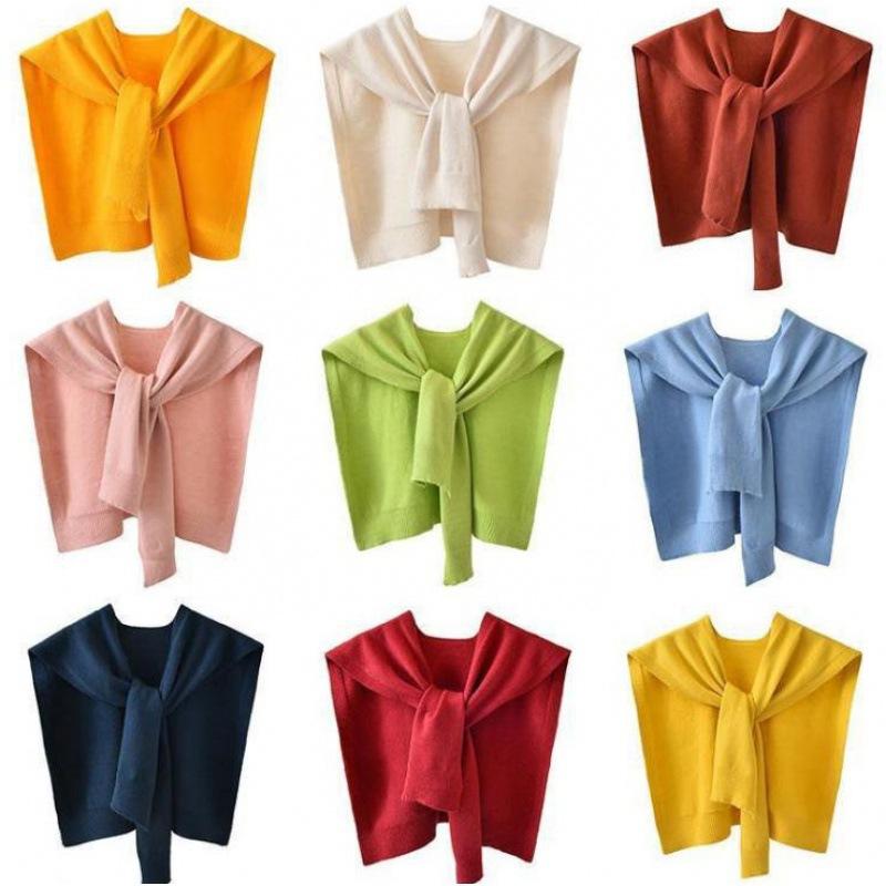 Core Yarn Knitted Shawl Female Spring and Autumn with Shoulder Color with Shoulder Thin Cardigan Summer Knot False Collar Scarf