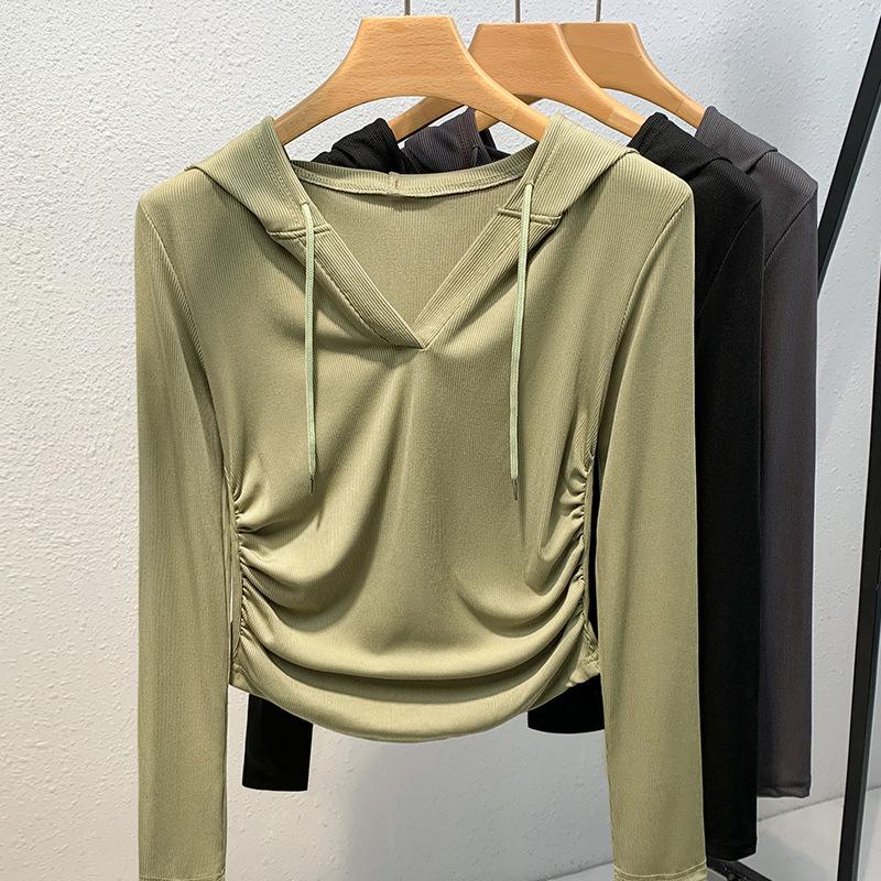 Женская осенне-зимняя толстовка с капюшоном, длинными рукавами, тонким дном и складками на талии