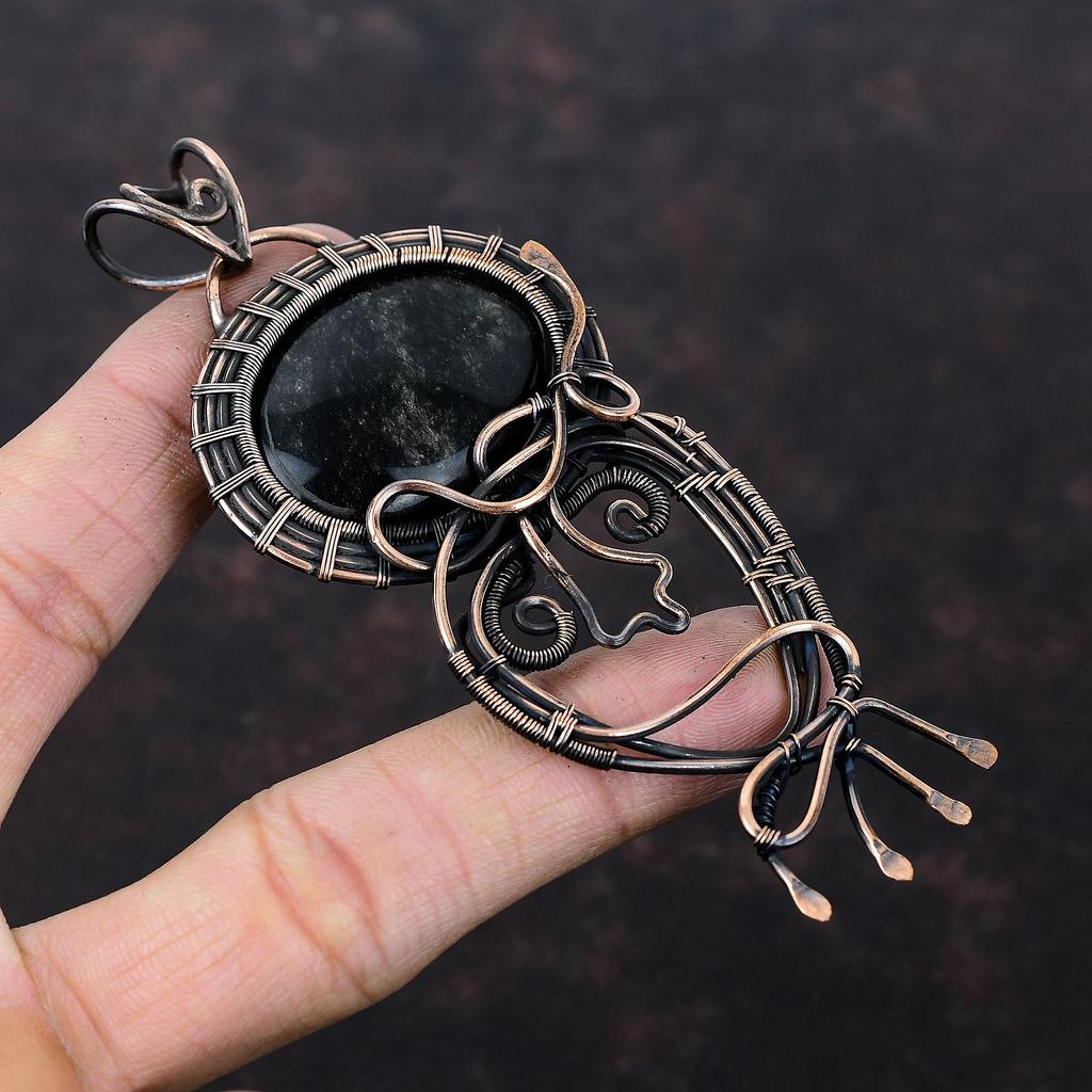 Silver Sheen Obsidian Pendant Copper Wire Wrapped Pendant Gemstone Handmade Pendant Gift For Wedding Silver Sheen Obsidian Copper Jewelry