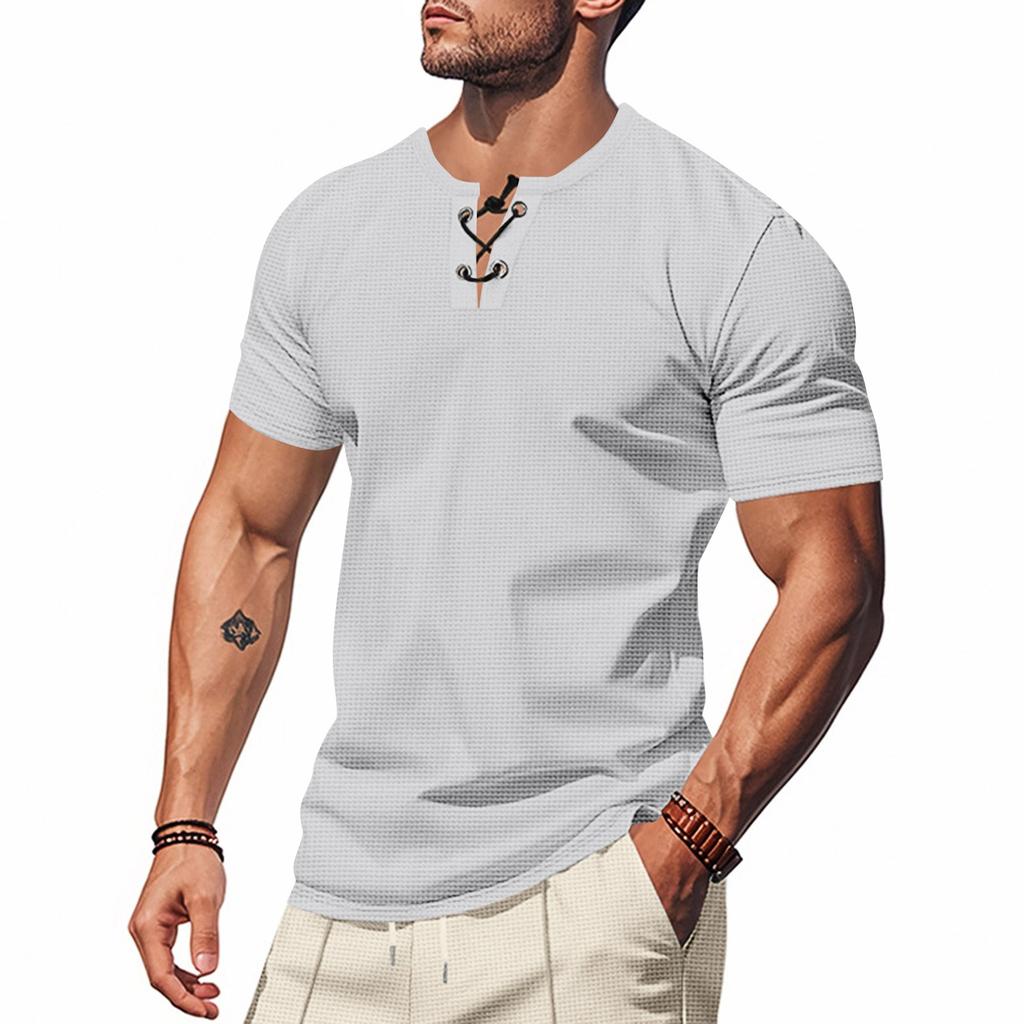 Мужская однотонная рубашка с короткими рукавами, завязывающаяся на шнурок, в спортивном стиле, повседневная