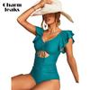 Charmleaks Sexy V Neck Adjustable Chest Size Solid Color One Piece Swimwear for Women Short Sleeve Bath Suit Monkini