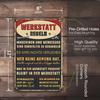 Vintage German Metal Workshop Rules Sign - "Werkstatt Regeln" Retro Tin Plaque for Garage, Office, Bar, or Home Decor