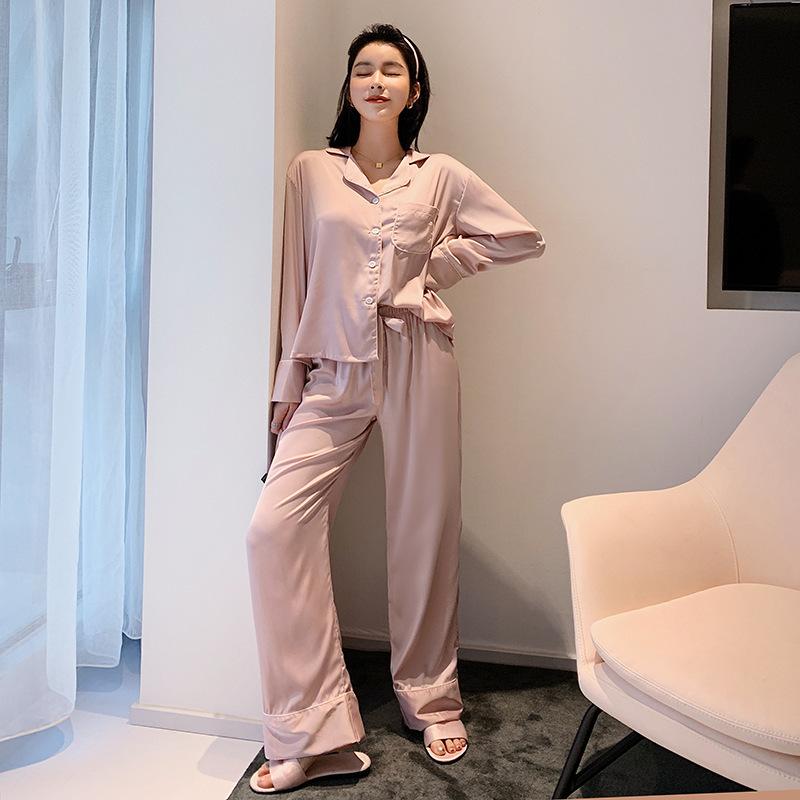 Season long-sleeved pajamas silk new three-piece set ice and snow pajamas women's loungewear trousers set silk pajamas women's autumn