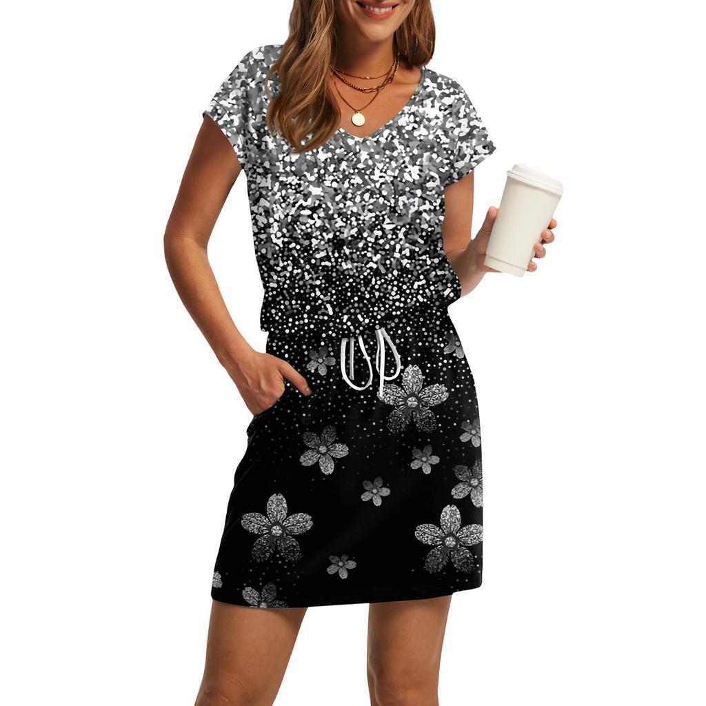 Women's Summer V-Neck Casual Short Sleeve Drawstring With Pocket Vintage Floral Dresses